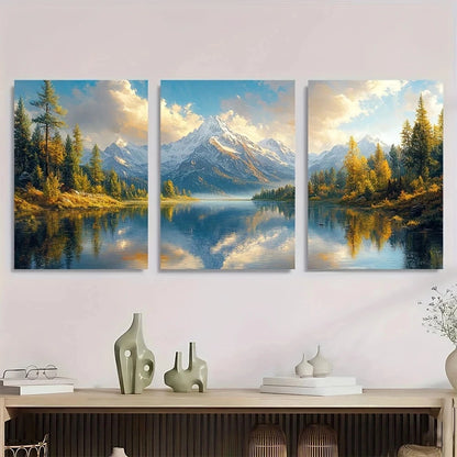 3pcs Trees & Snow Capped Peaks Mountain Lake Metal Print Ready to Hang Art