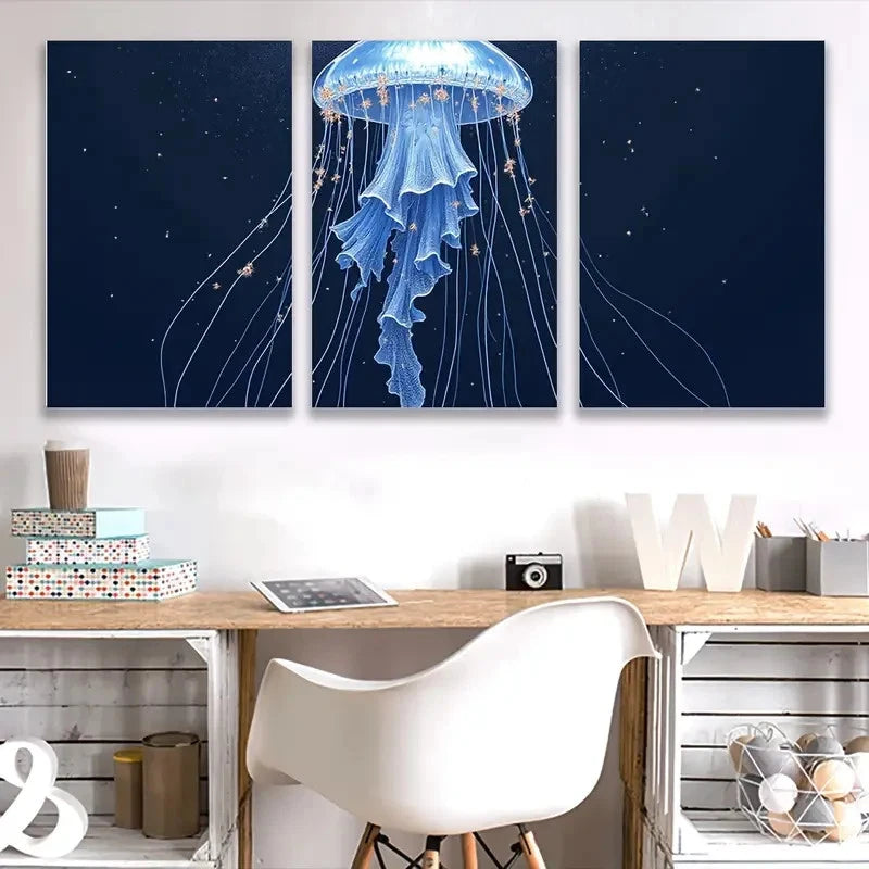 3pcs Blue Sea Nettle Jellyfish Triptych Wall Art Set Canvas Framed 60x90cm - High Quality Print 100% Australian Made Wall Canvas Ready to Hang