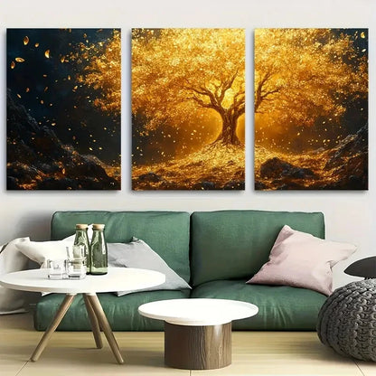 3pcs Vibrant Modern Fantasy Golden Tree Metal Print Ready to Hang Art