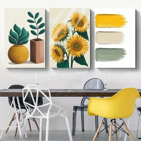 3pcs Sunflower, Green Leaves, Potted Wall Art Canvas Unframed - High Quality Print 100% Australian Made Wall Canvas