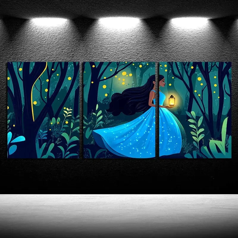 3pcs Vibrant Girl in the Forest with Fireflies Metal Print Ready to Hang Art