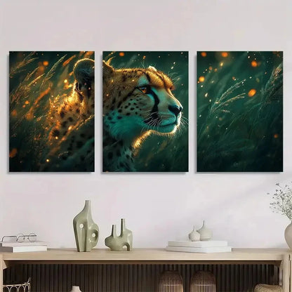 3pcs Cheetah Emerald Green Golden Theme Metal Print Ready to Hang Art