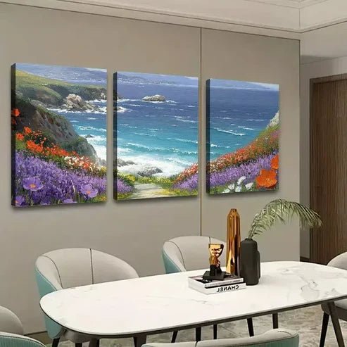 3pcs Flowers With Grass Mountain & Sea Canvas Framed 60x90cm - High Quality Print 100% Australian Made Wall Canvas Ready to Hang