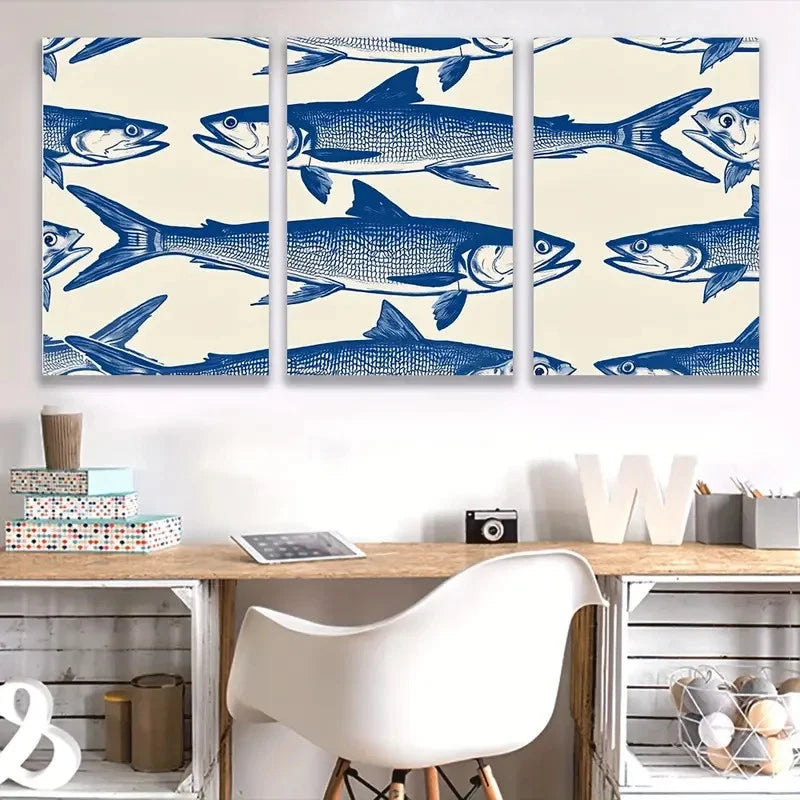 3pcs Blue & Beige Fish Painting T Wall Art Set Canvas Framed 50x70cm - High Quality Print 100% Australian Made Wall Canvas Ready to Hang