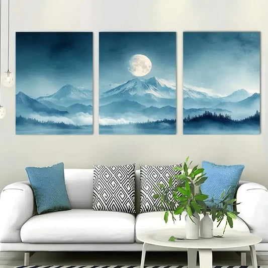 3pcs Full Moon Aesthetic Serene Blue Metal Print Ready to Hang Art