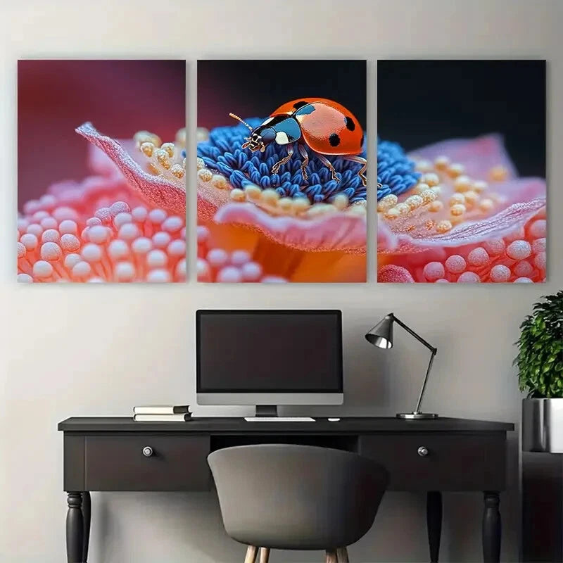 3pcs Anemone Flower with Curious Ladybug Metal Print Ready to Hang Art