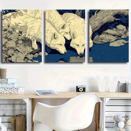 3pcs Wolves Drinking Spring Water Metal Print Ready to Hang Art