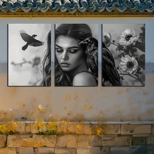 3pcs Girls and Crows Theme, Modern Design Metal Print Ready to Hang Art