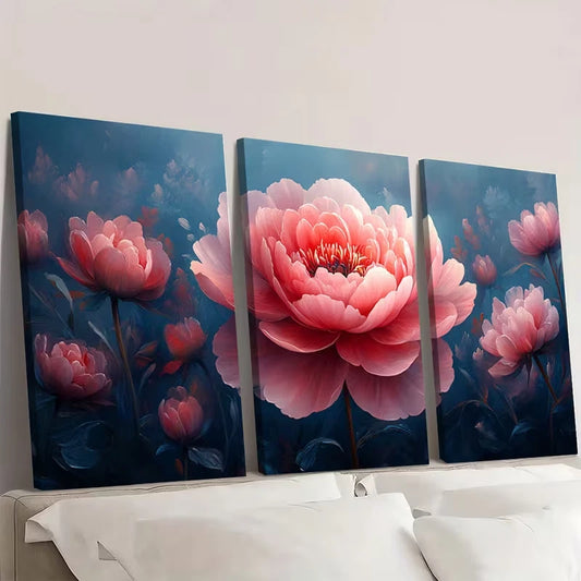 3pcs Large Floral with Dark Navy Blue Painting  Wall Art Set Canvas Framed 60x90cm - High Quality Print 100% Australian Made Wall Canvas Ready to Hang