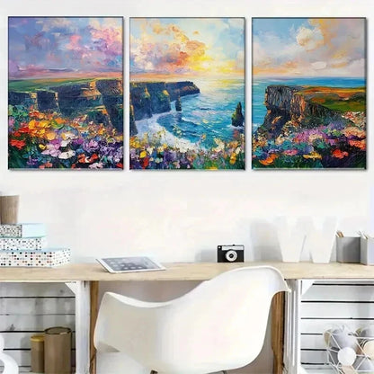3pcs Cliffs by Sea with Colorful Flower Perfect Wall Art Set Canvas Framed 40x60cm - High Quality Print 100% Australian Made Wall Canvas Ready to Hang
