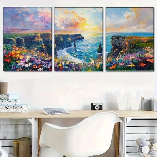 3pcs Cliffs by Sea with Colorful Flower Perfect Wall Art Set Canvas Framed 40x60cm - High Quality Print 100% Australian Made Wall Canvas Ready to Hang