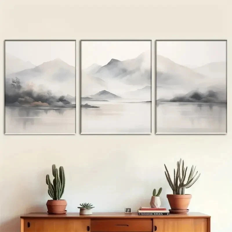 3pcs Tranquil Mountain Fog Watercolor Landscape Metal Print Ready to Hang Art