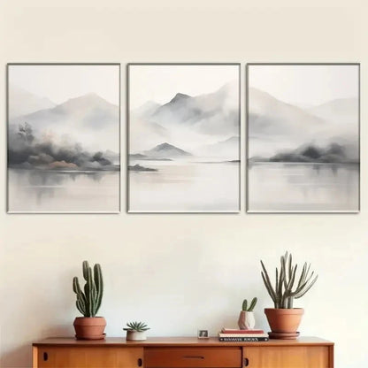 3pcs Tranquil Mountain Fog Watercolor Landscape Metal Print Ready to Hang Art