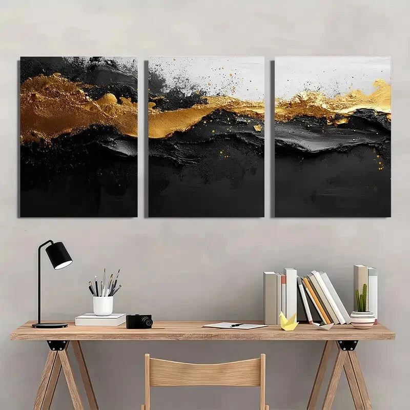 3pcs Black and White with Golden Splashes Metal Print Ready to Hang Art