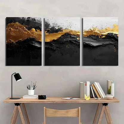 3pcs Black and White with Golden Splashes Metal Print Ready to Hang Art