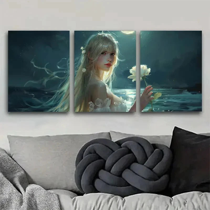 3pcs Mystical Woman and White for Lotus Metal Print Ready to Hang Art