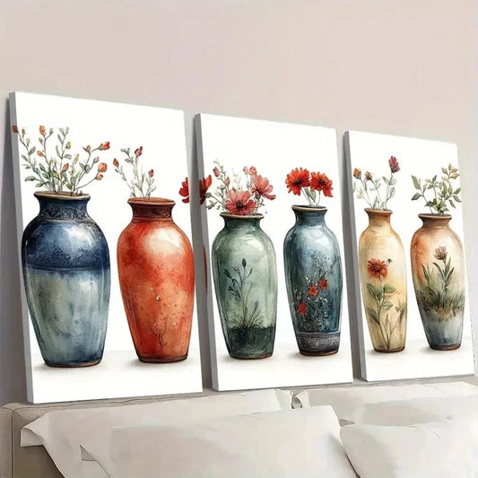 3pcs Antique Vases Botanical Plant Illustra L Wall Art Set Canvas Framed 50x70cm - High Quality Print 100% Australian Made Wall Canvas Ready to Hang