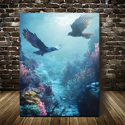 Dreamlike Hawk Chase Scene In Coral Reef Painting 40x60cm Metal Print Ready to Hang