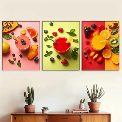 3pcs Vibrant Fruit Smoothie Wall Decor Metal Print Ready to Hang Art