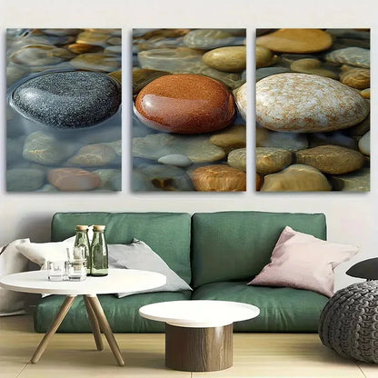 3pcs Tranquil Riverbed Stones Design Metal Print Ready to Hang Art