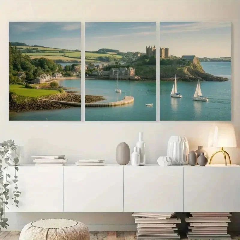 3pcs Seaside Village Sailboats Painting Metal Print Ready to Hang Art