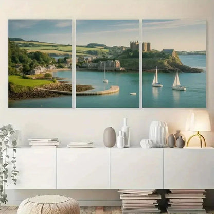 3pcs Seaside Village Sailboats Painting Metal Print Ready to Hang Art