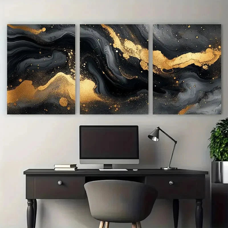 3pcs Elegant Fluid Ink Marbling Black and Golden Wall Art Set Canvas Framed 50x70cm - High Quality Print 100% Australian Made Wall Canvas Ready to Hang