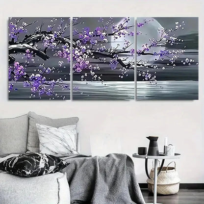 3pcs Tranquil Moonlit Purple Blossom Tree Metal Print Ready to Hang Art