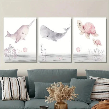 3pcs Cartoon Marine Animals Poster Watercolor Metal Print Ready to Hang Art