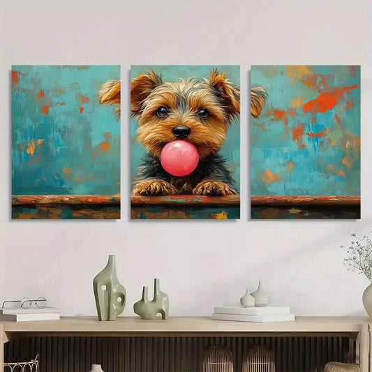 3pcs Whimsical Yorkshire Terrier Bubble Gum Metal Print Ready to Hang Art
