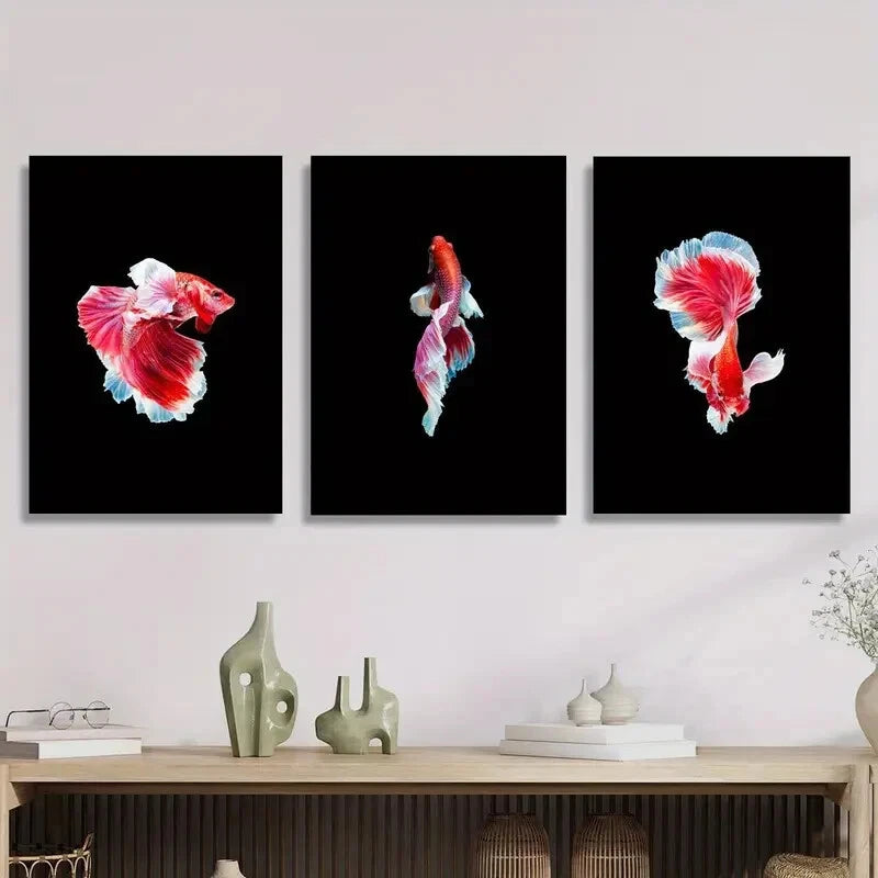 3pcs Thai Fighting Fish Photography, Red Fish Metal Print Ready to Hang Art