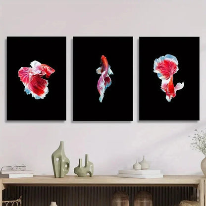 3pcs Thai Fighting Fish Photography, Red Fish Metal Print Ready to Hang Art