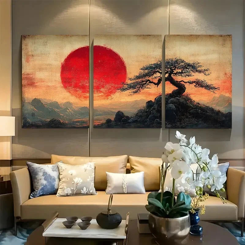 3pcs Red Sun Japanese Sunset Over Bosai Tree Metal Print Ready to Hang Art