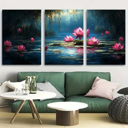 3pcs Lotus Pond Willow Lakeside Scene Metal Print Ready to Hang Art