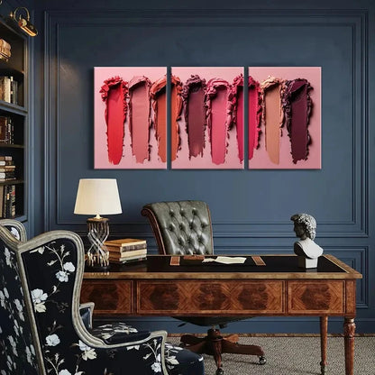 3pcs Lipstick Swatches Vibrant Colors Elegant Metal Print Ready to Hang Art
