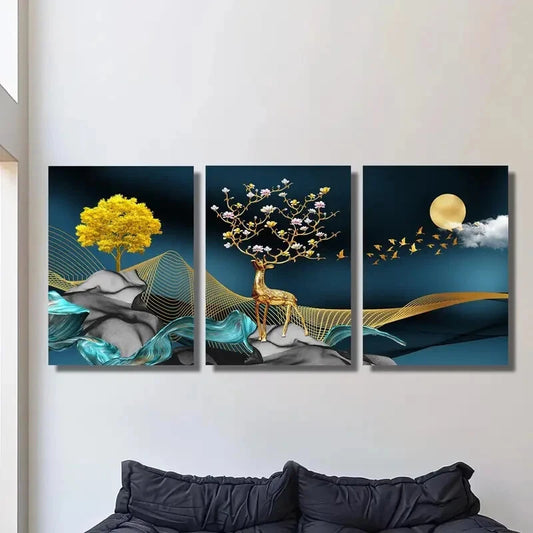 3pcs Flying Birds, Full Moon, Money Tree Metal Print Ready to Hang Art
