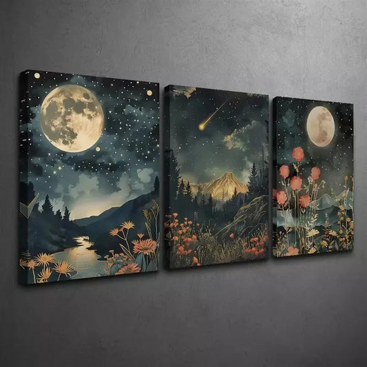 3pcs Moon & Wildflowers Mountain Canvas Framed 40x60cm - High Quality Print 100% Australian Made Wall Canvas Ready to Hang