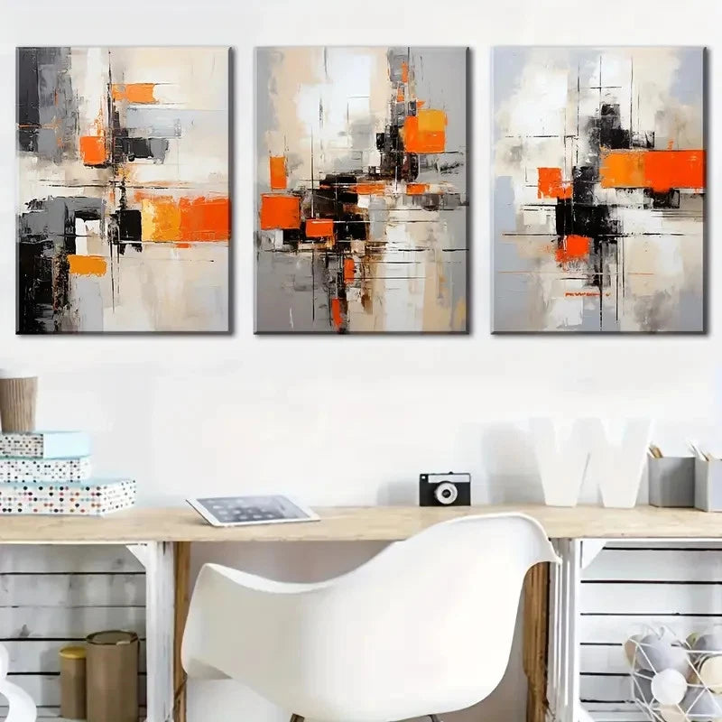 3pcs Abstract Orange & Black Geometric Prints Metal Print Ready to Hang Art