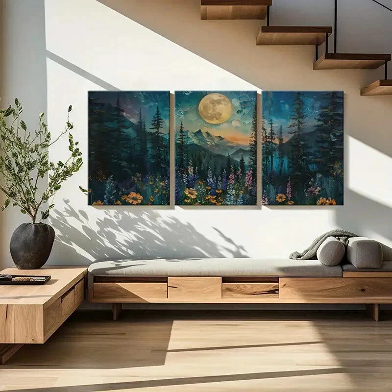 3pcs Moonlit Forest Landscape Floral Meadow Metal Print Ready to Hang Art