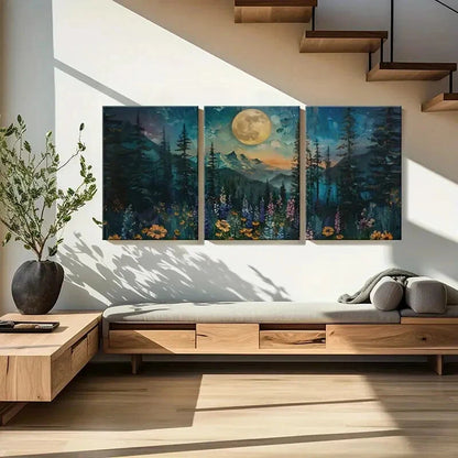 3pcs Moonlit Forest Landscape Floral Meadow Metal Print Ready to Hang Art
