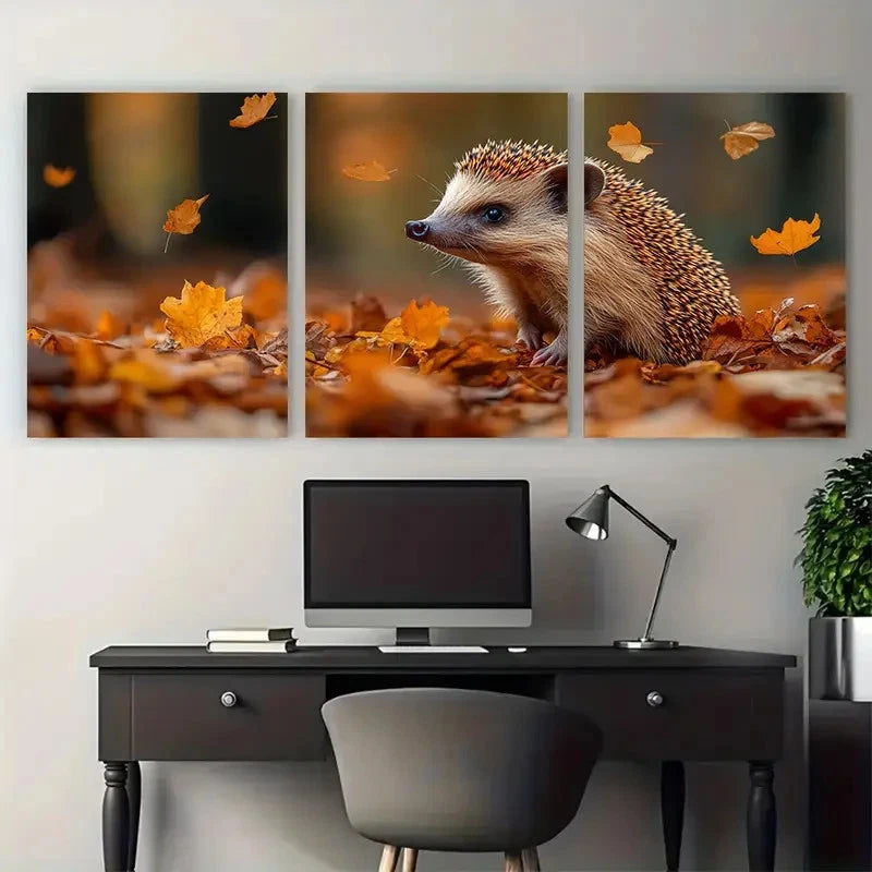 3pcs Autumn European Hedgehog Woodland Wildlife Metal Print Ready to Hang Art
