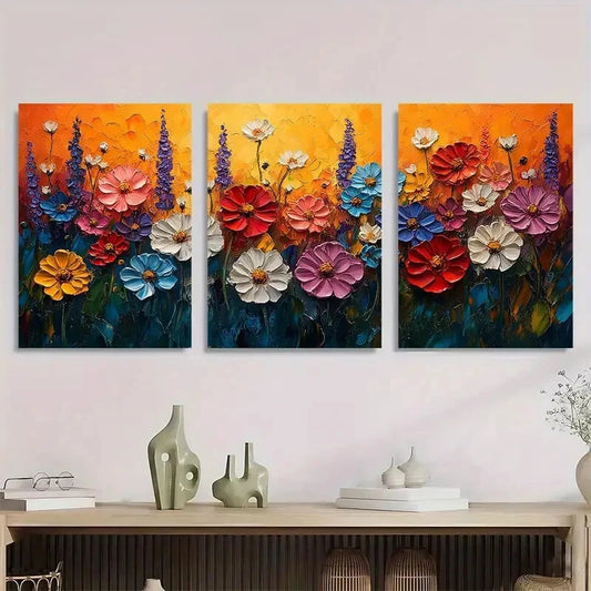 3pcs Modern Wildflower Field Vibrant Abstract Metal Print Ready to Hang Art
