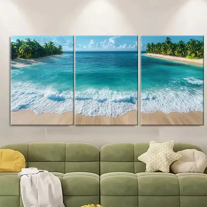 3pcs Aerial Tropical Beach with Palm Trees Metal Print Ready to Hang Art