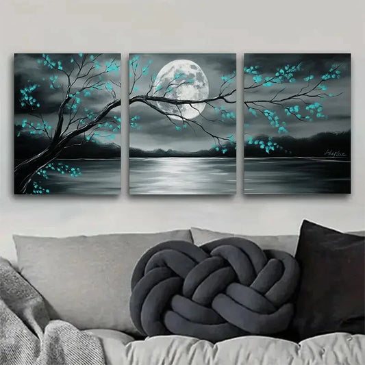 3pcs Gray and Teal Floral Landscape with Full Moon Metal Print Ready to Hang Art