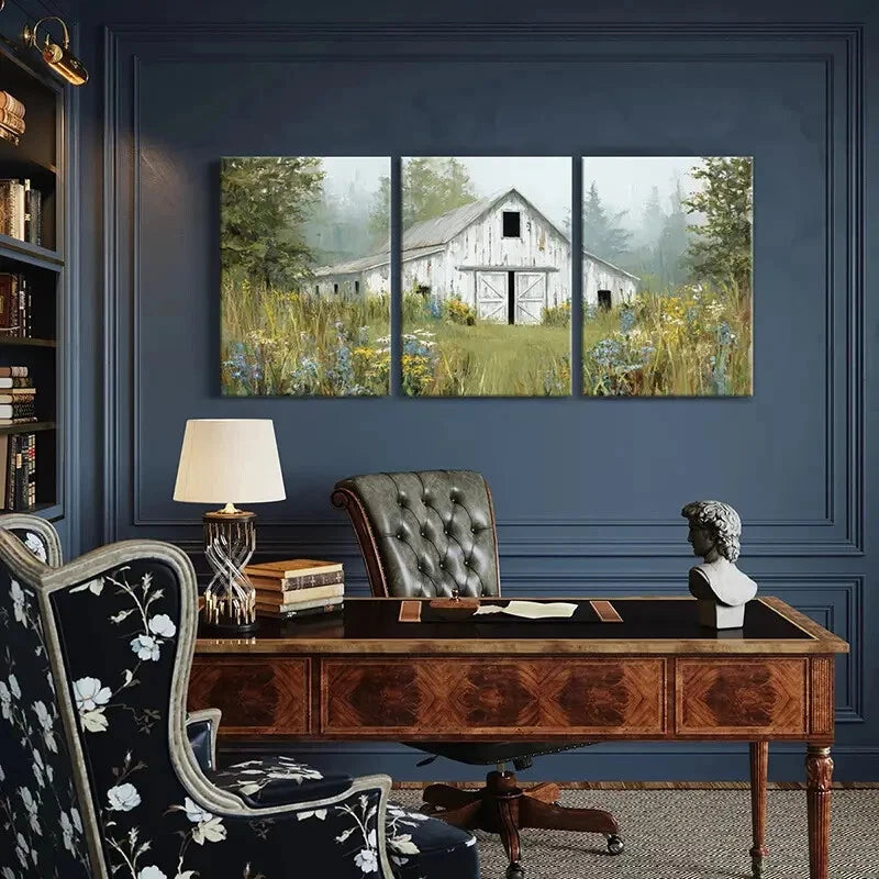 3pcs Wildflowers Farmhouse Scene White Barn Metal Print Ready to Hang Art