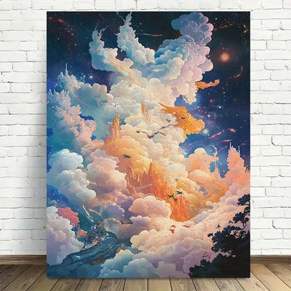 Beautiful Fantasy Cloudscape Vibrant Castle Painting 40x60cm Metal Print Ready to Hang