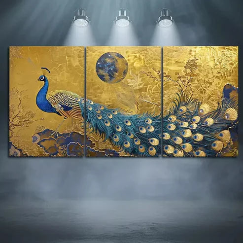 3pcs Peacock & Moon Art Canvas Framed 60x90cm - High Quality Print 100% Australian Made Wall Canvas Ready to Hang