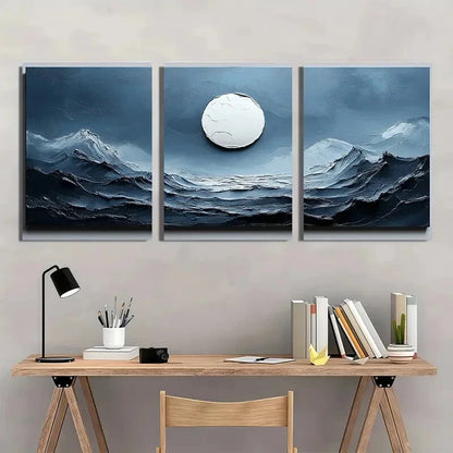 3pcs Blue & White Textured Minimalist Abstract Metal Print Ready to Hang Art