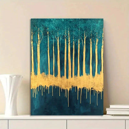 Abstract Forest With Golden Leaf Dripping on a Teal  40x60cm Metal Print Ready to Hang
