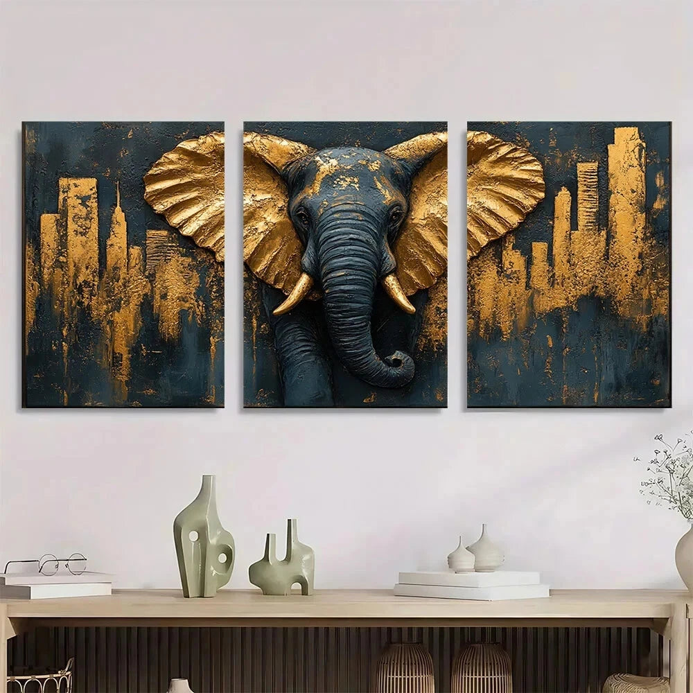 3pcs Abstract Animal Theme Golden Accents Metal Print Ready to Hang Art